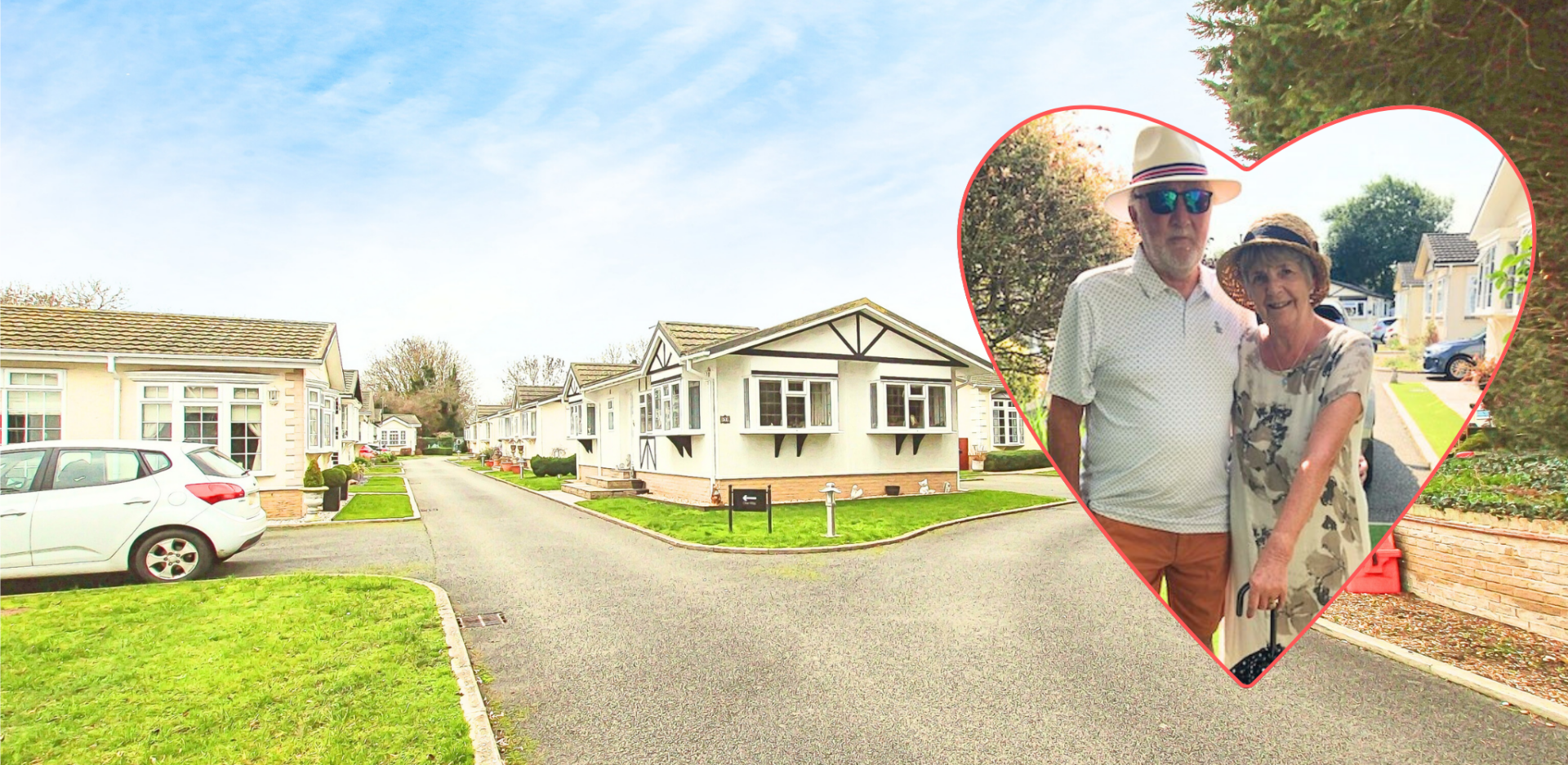 Couple in heart shape overlay in front of park home development in Cambridgeshire